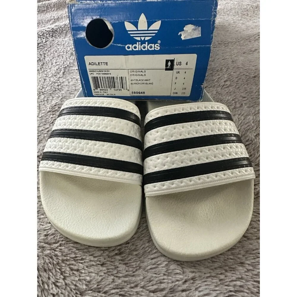 Adidas Adilette Mens Sport Sandals Slides Flip Flops Size 4 White Black 280648